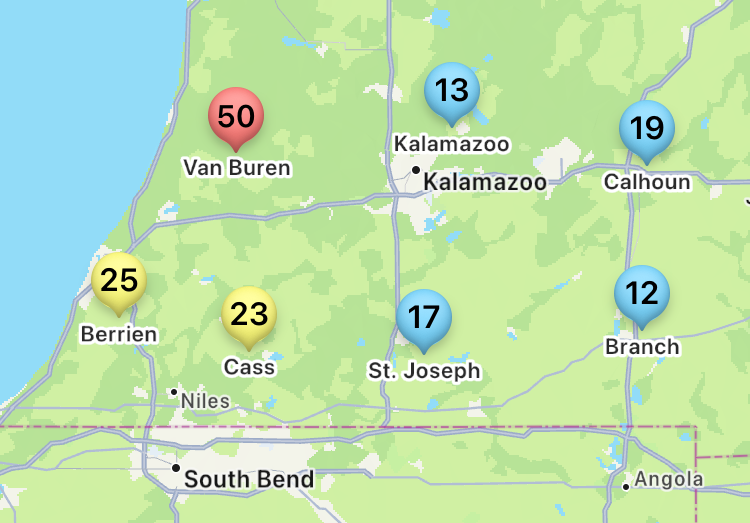 Map of southwest Michigan showing areas with white mold risk.